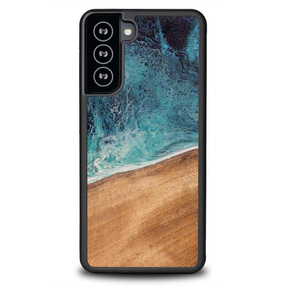 Holzhülle für Galaxy S21 Plus, Bewood Unique Dream Island, Blau-Braun