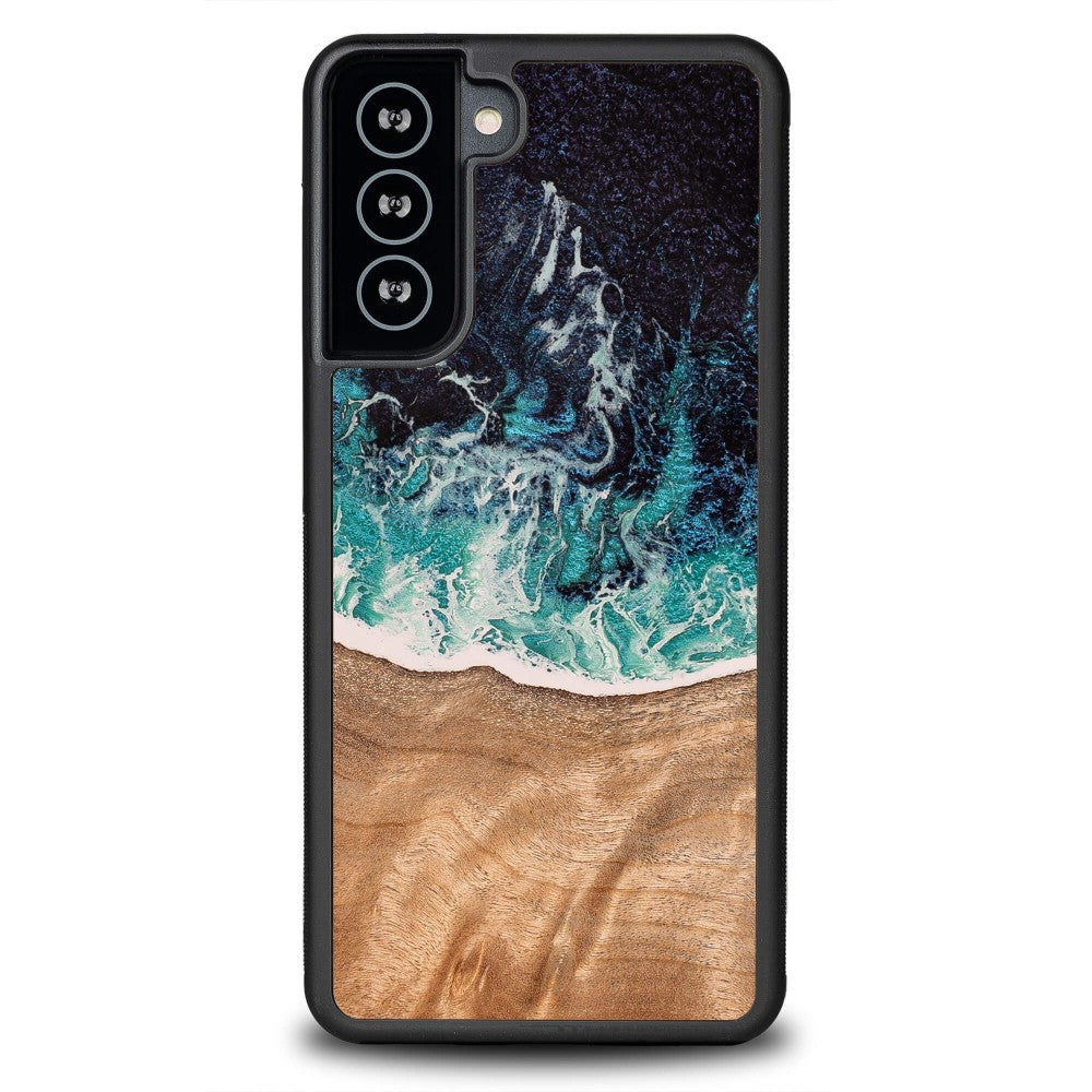 Holzhülle für Galaxy S21 Plus, Bewood Unique Dream Island, Blau-Braun