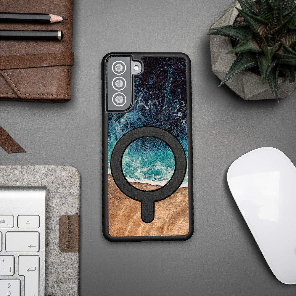 Holzhülle für Galaxy S21 FE, Bewood Unique Dream Island für MagSafe, Blau-Braun