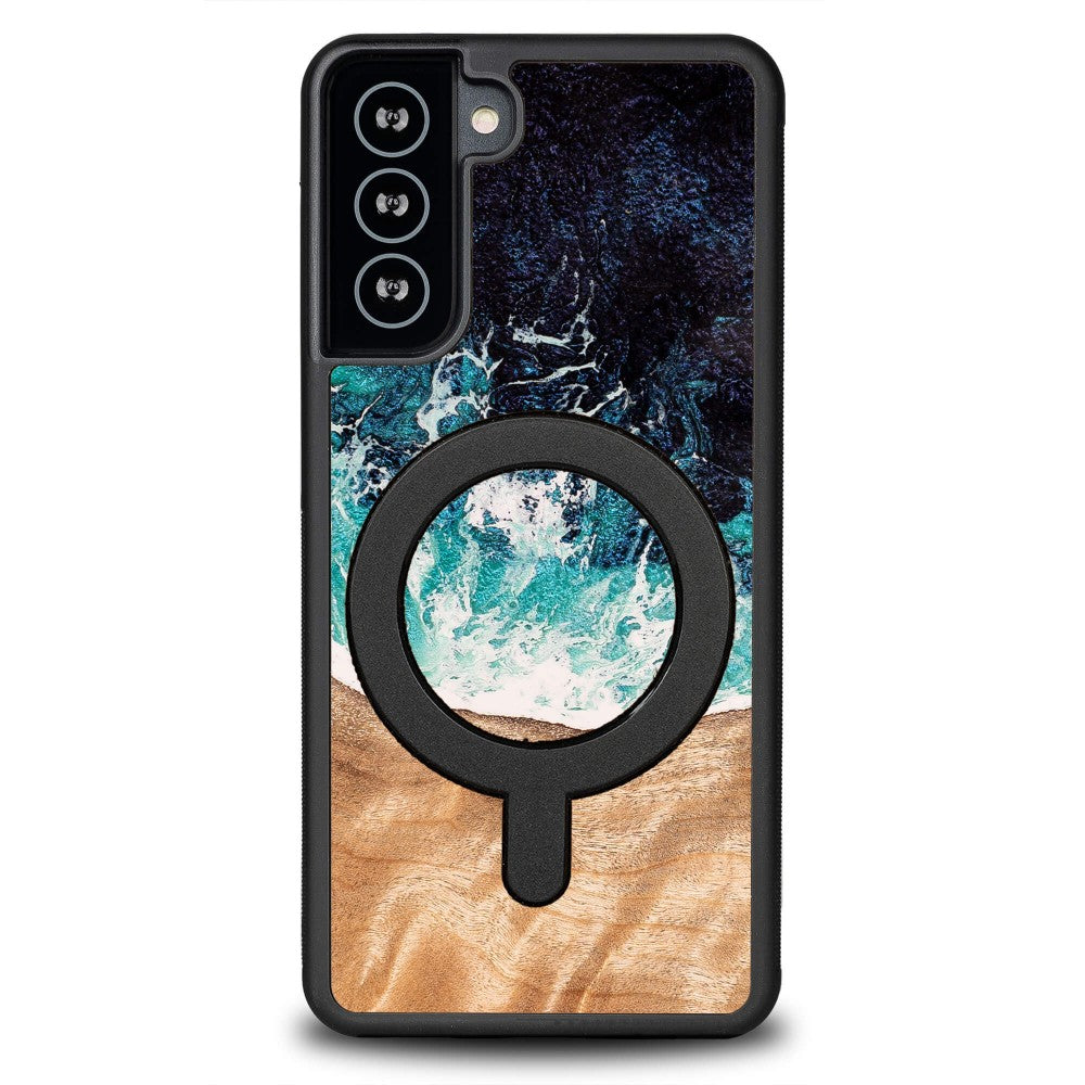 Holzhülle für Galaxy S21 FE, Bewood Unique Dream Island für MagSafe, Blau-Braun