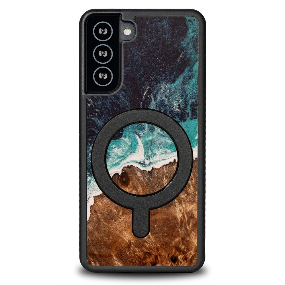 Holzhülle für Galaxy S21 FE, Bewood Unique Dream Island für MagSafe, Blau-Braun