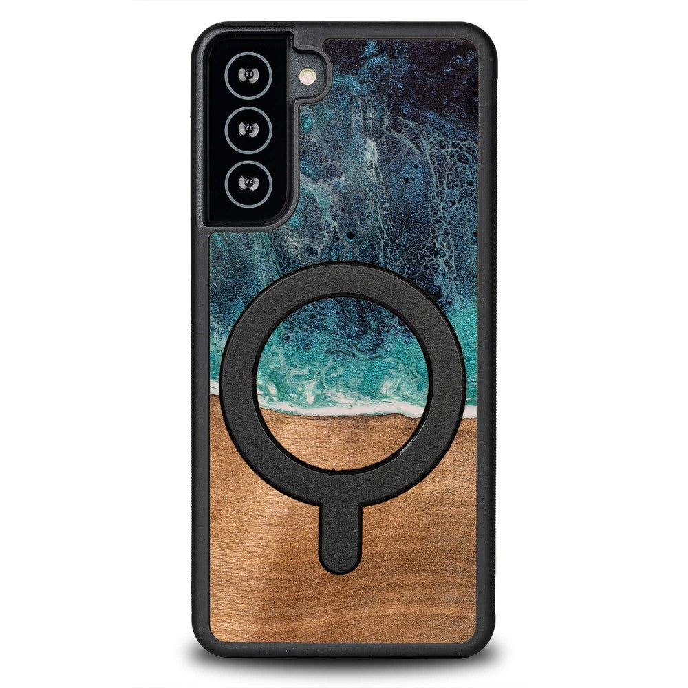 Holzhülle für Galaxy S21 FE, Bewood Unique Dream Island für MagSafe, Blau-Braun