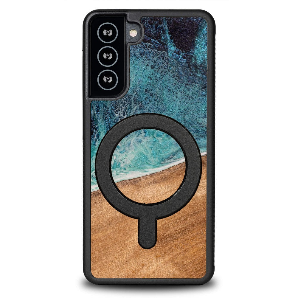 Holzhülle für Galaxy S21 FE, Bewood Unique Dream Island für MagSafe, Blau-Braun