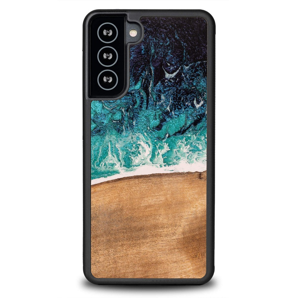 Holzhülle für Galaxy S21 FE, Bewood Unique Dream Island, Blau-Braun