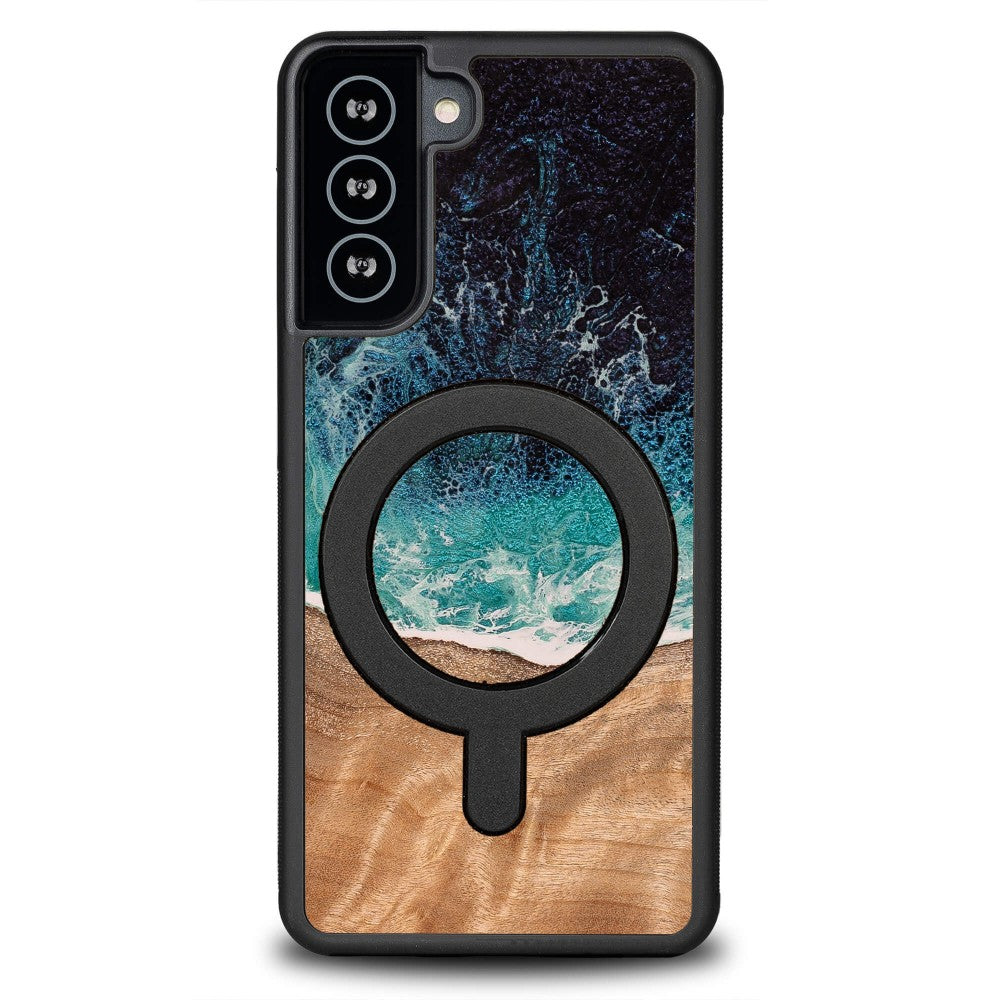 Holzhülle für Galaxy S21, Bewood Unique Dream Island für MagSafe, Blau-Braun