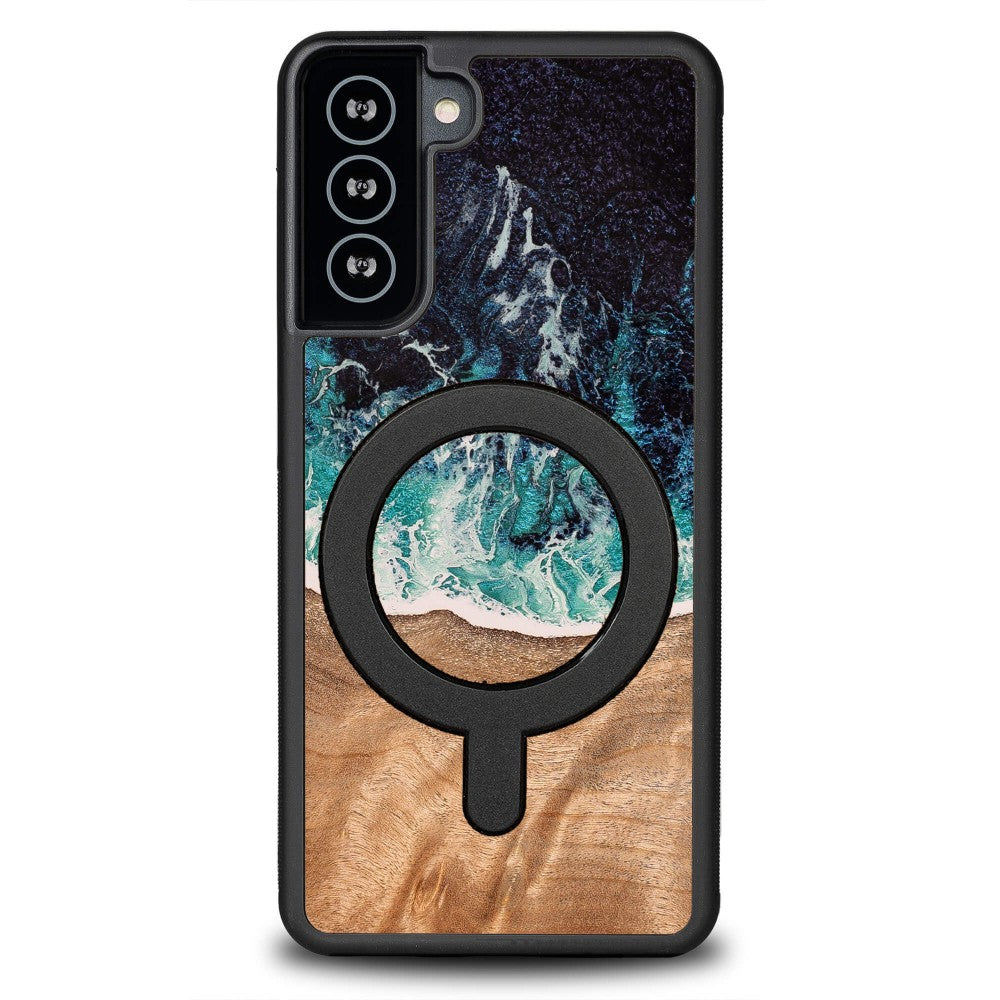 Holzhülle für Galaxy S21, Bewood Unique Dream Island für MagSafe, Blau-Braun