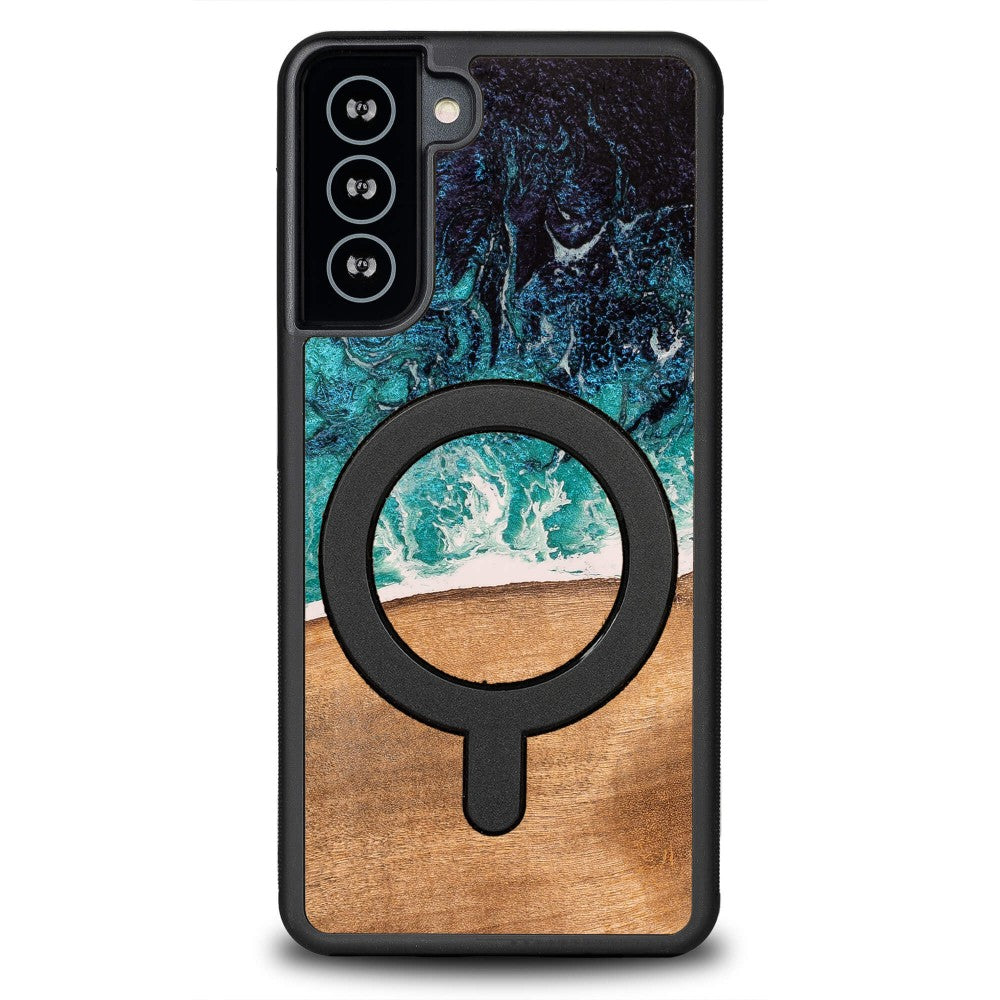 Holzhülle für Galaxy S21, Bewood Unique Dream Island für MagSafe, Blau-Braun