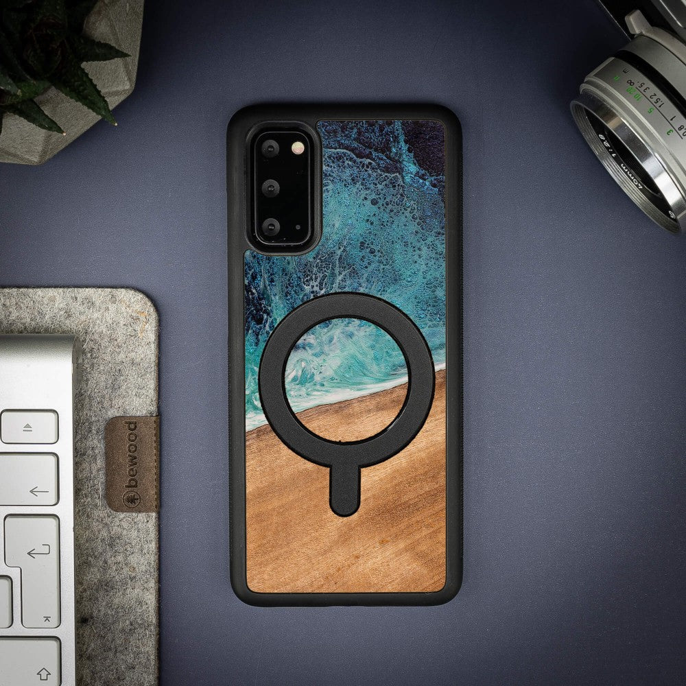 Holzhülle für Galaxy S20 FE, Bewood Unique Dream Island für MagSafe, Blau-Braun