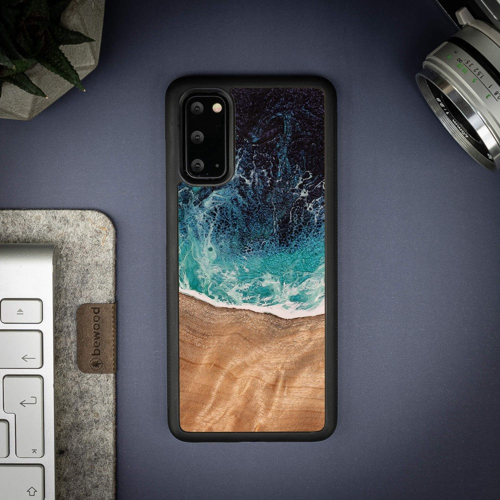Holzhülle für Galaxy S20 FE, Bewood Unique Dream Island, Blau-Braun
