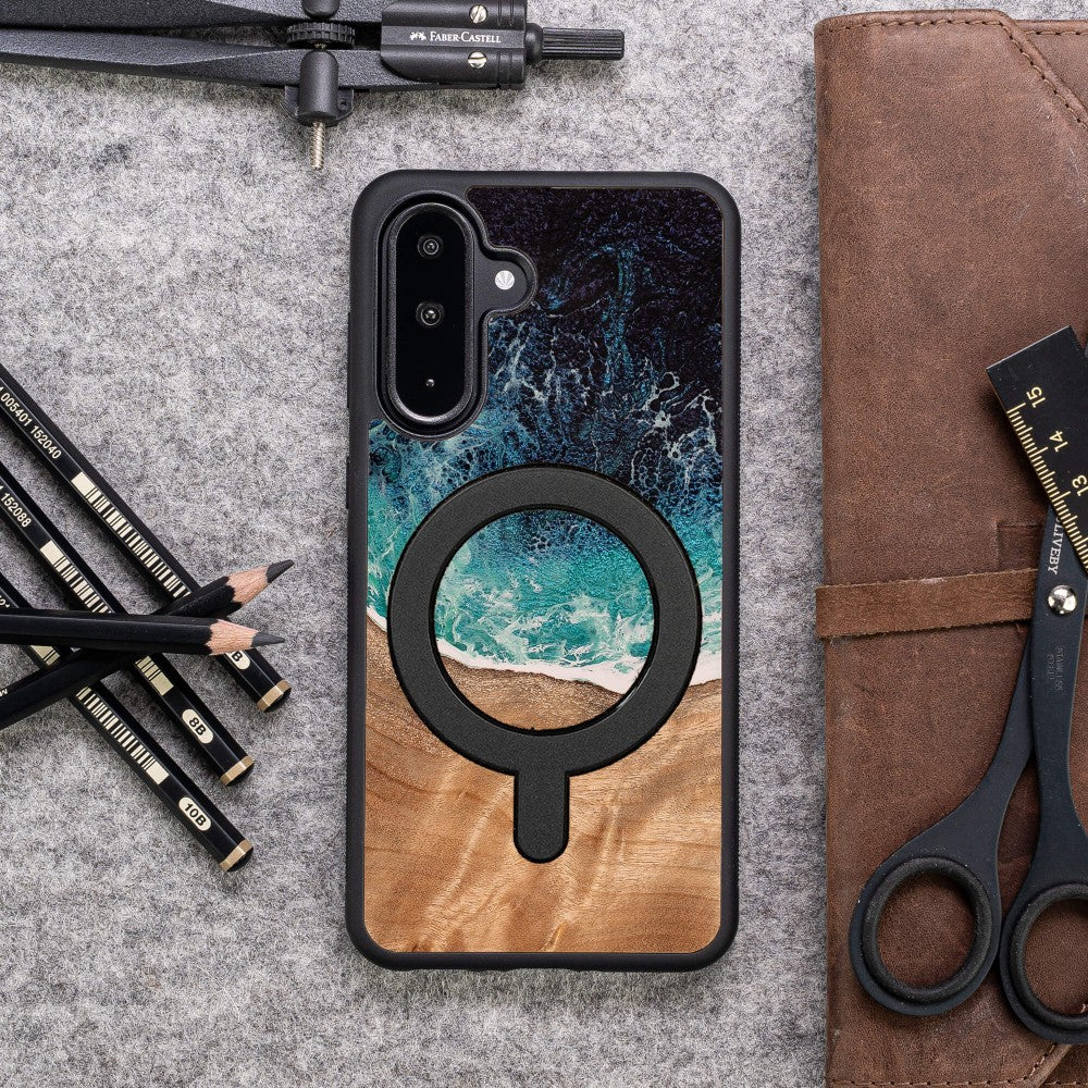 Holzhülle für Galaxy A36 5G, Bewood Unique Dream Island für MagSafe, Blau-Braun