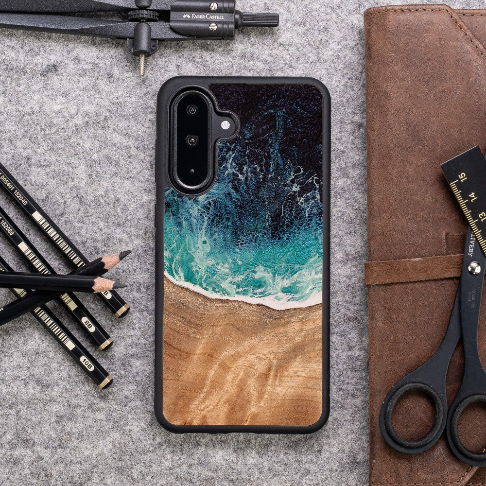 Holzhülle für Galaxy A26 5G, Bewood Unique Dream Island, Blau-Braun