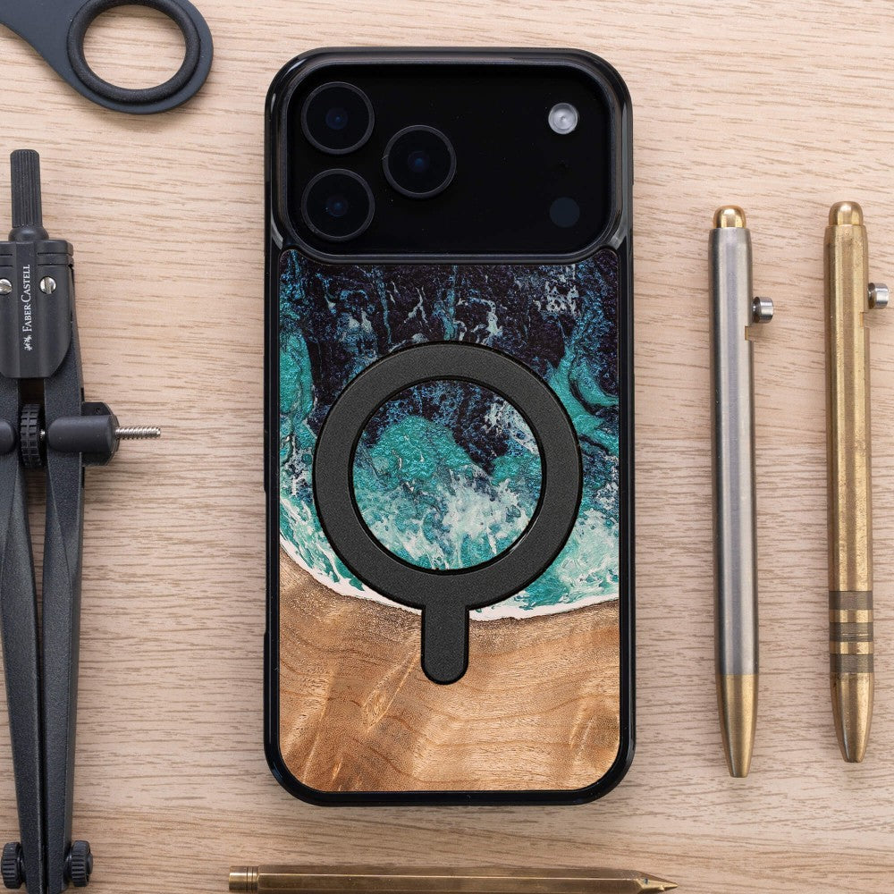 Holzhülle für iPhone 17 Pro Max, Bewood Unique Dream Island für MagSafe, Blau-Braun