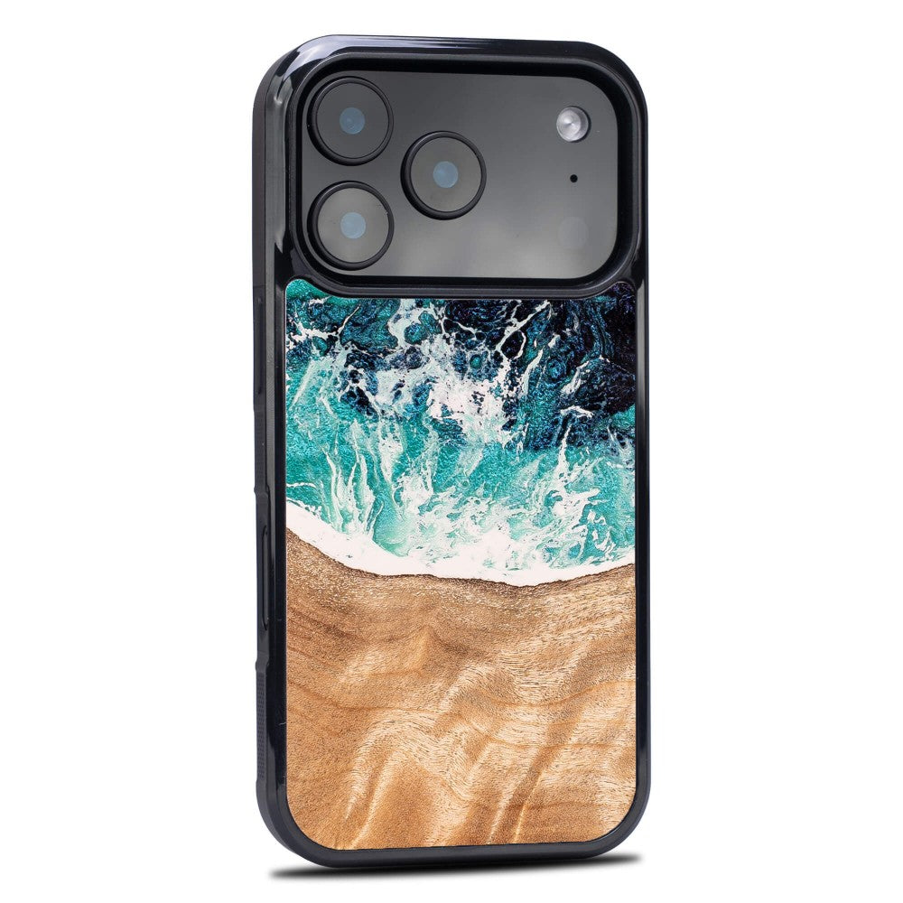 Holzhülle für iPhone 17 Pro, Bewood Unique Dream Island, Blau-Braun