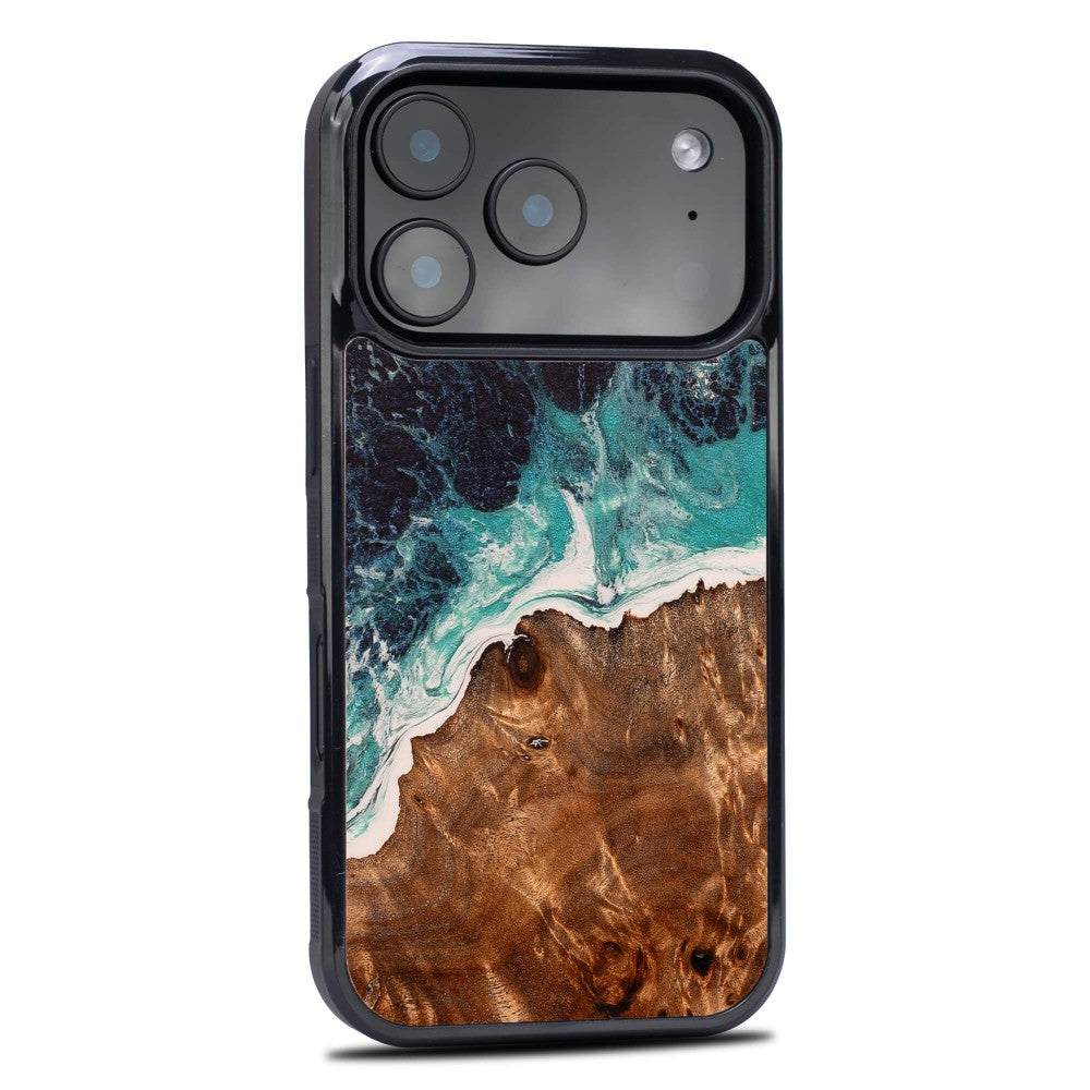 Holzhülle für iPhone 17 Pro, Bewood Unique Dream Island, Blau-Braun