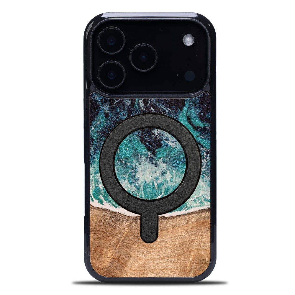 Holzhülle für iPhone 17 Pro, Bewood Unique Dream Island für MagSafe, Blau-Braun