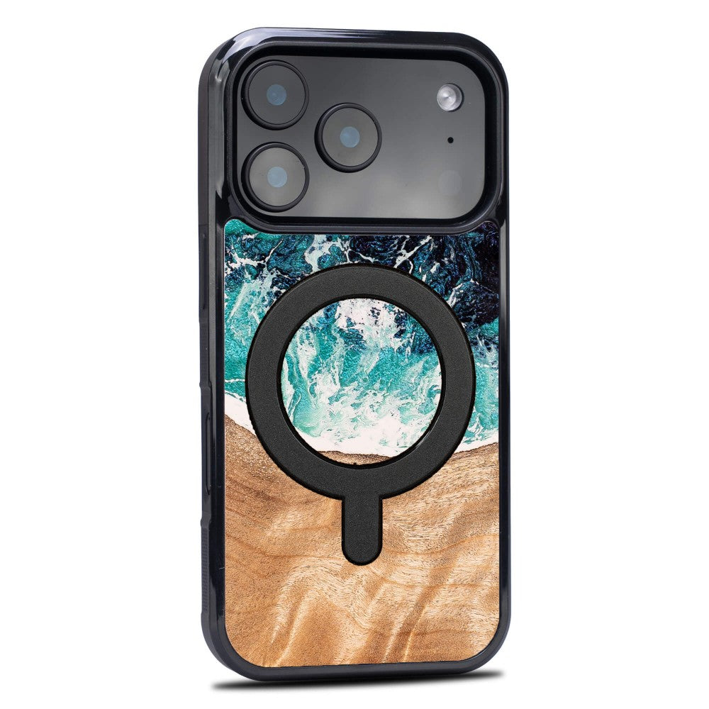 Holzhülle für iPhone 17 Pro, Bewood Unique Dream Island für MagSafe, Blau-Braun