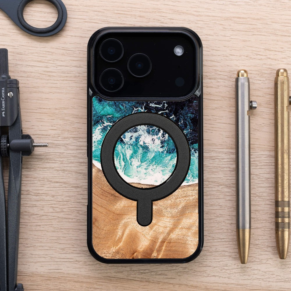 Holzhülle für iPhone 17 Pro, Bewood Unique Dream Island für MagSafe, Blau-Braun