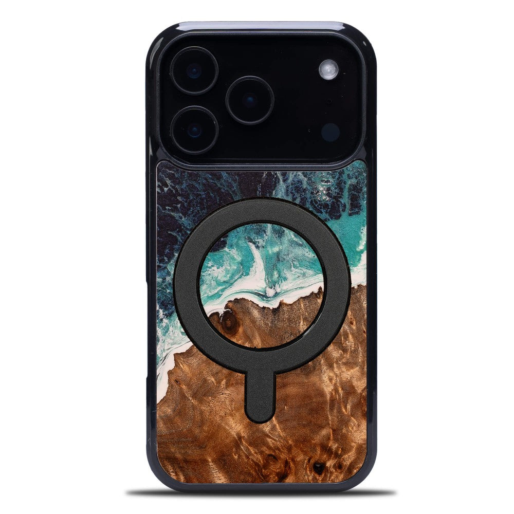 Holzhülle für iPhone 17 Pro, Bewood Unique Dream Island für MagSafe, Blau-Braun