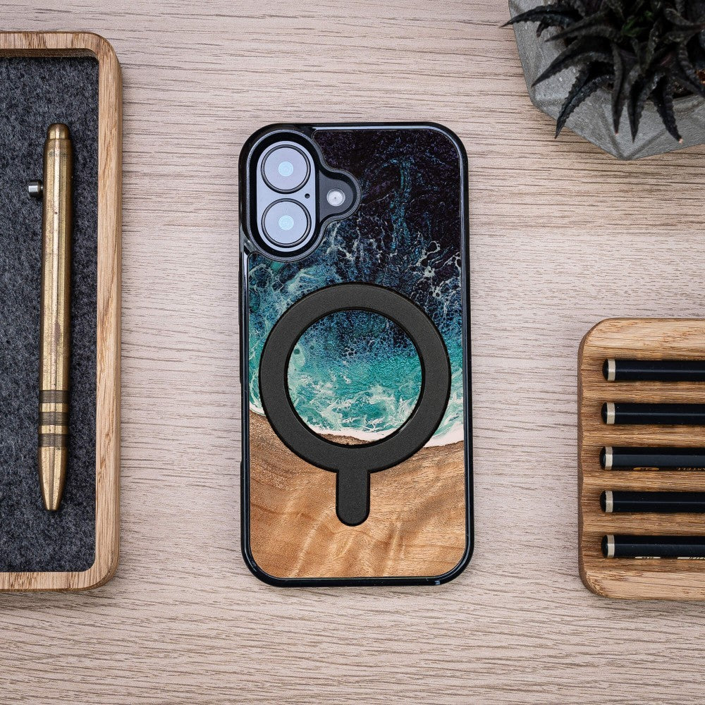 Holzhülle für iPhone 17, Bewood Unique Dream Island für MagSafe, Blau-Braun