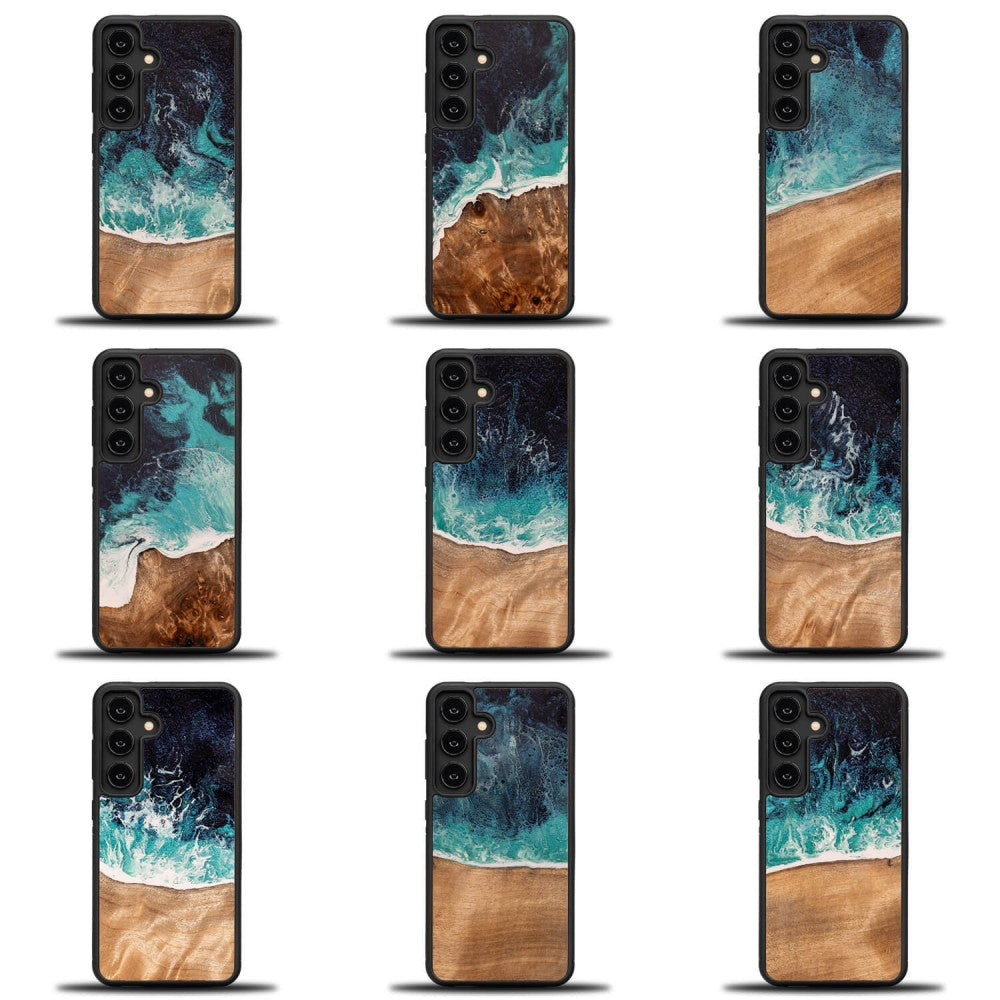 Holzhülle für Galaxy S25 FE, Bewood Unique Dream Island, Blau-Braun