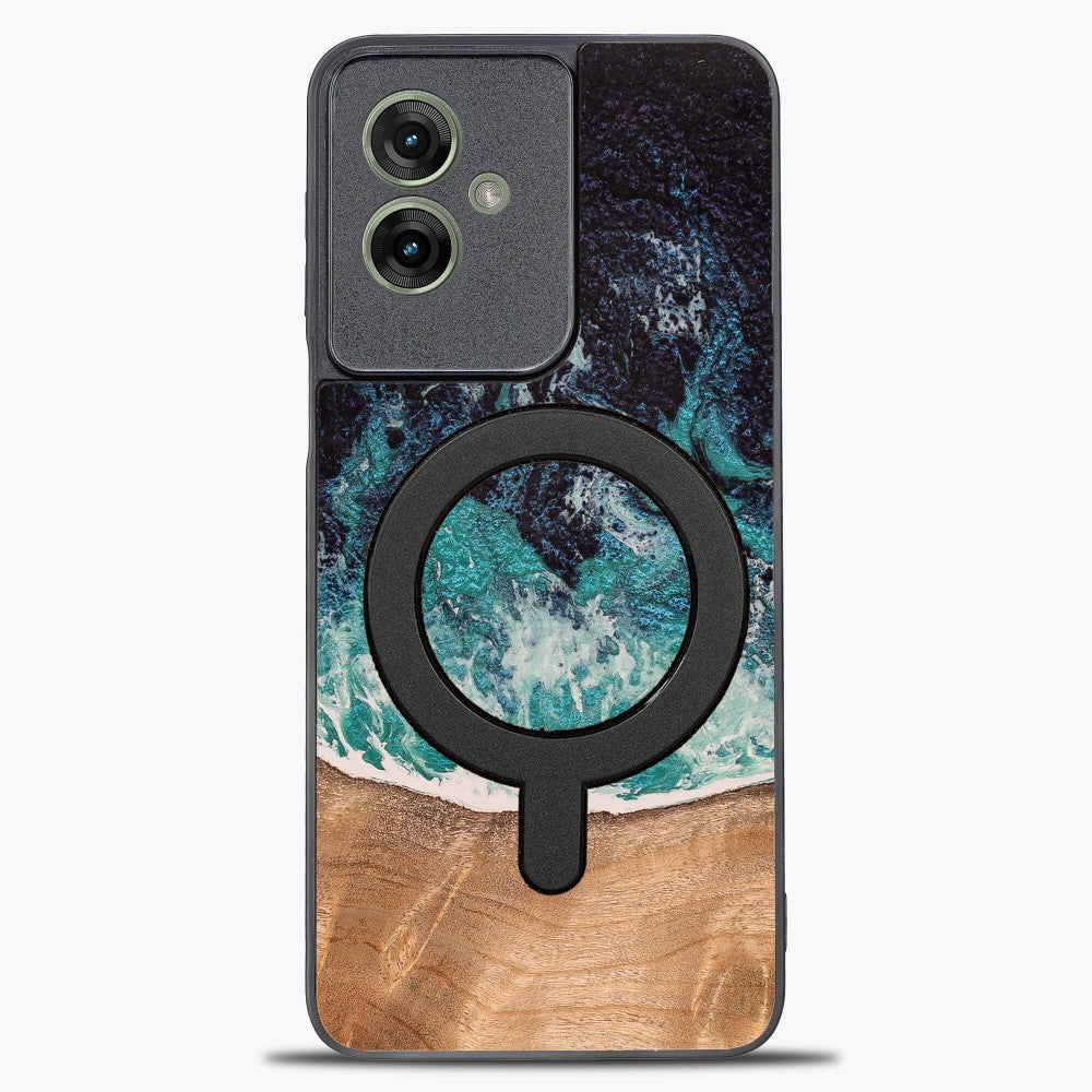Holzhülle für Motorola Moto G55 5G, Bewood Unique Dream Island für MagSafe, Blau-Braun