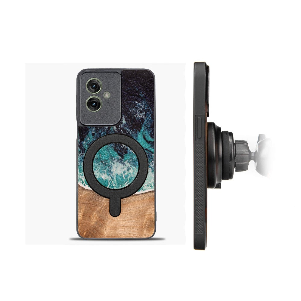 Holzhülle für Motorola Moto G55 5G, Bewood Unique Dream Island für MagSafe, Blau-Braun
