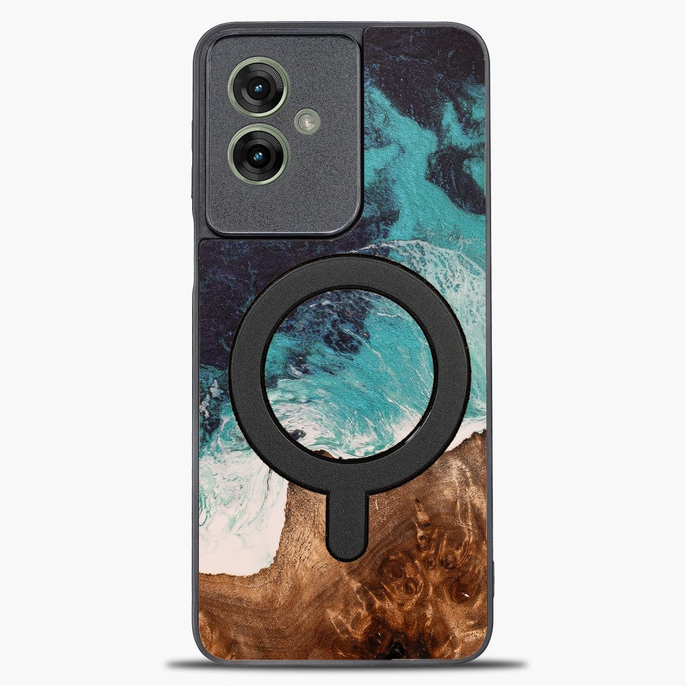Holzhülle für Motorola Moto G55 5G, Bewood Unique Dream Island für MagSafe, Blau-Braun