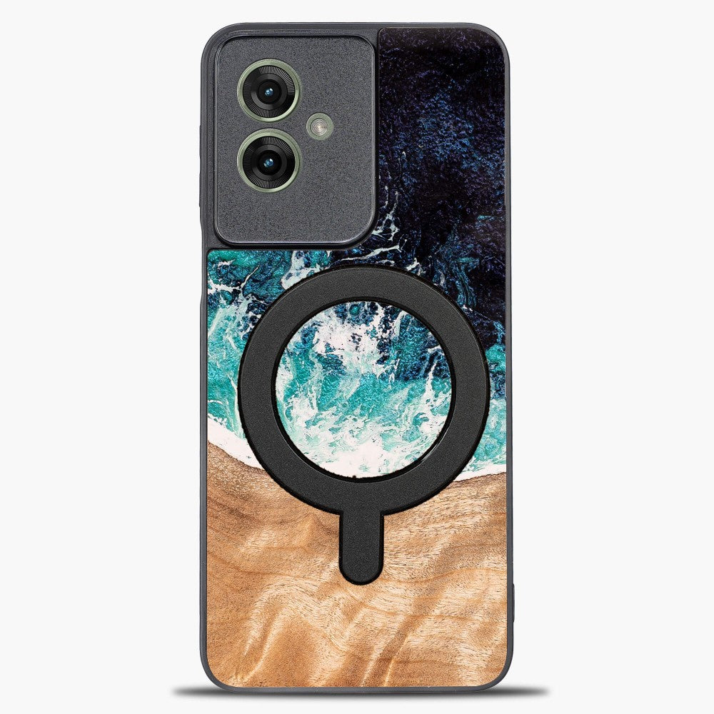 Holzhülle für Motorola Moto G55 5G, Bewood Unique Dream Island für MagSafe, Blau-Braun