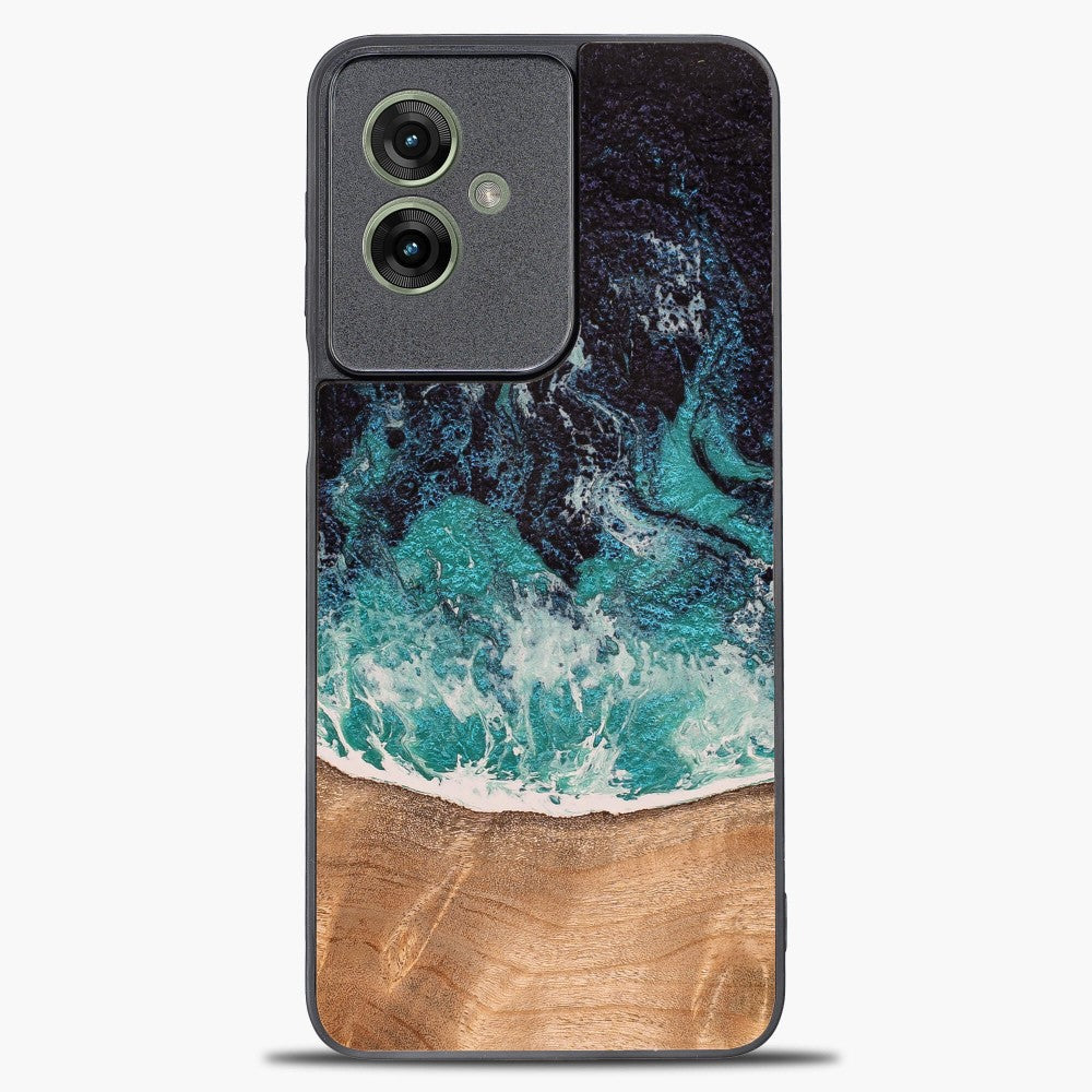 Holzhülle für Motorola Moto G55 5G, Bewood Unique Dream Island, Blau-Braun