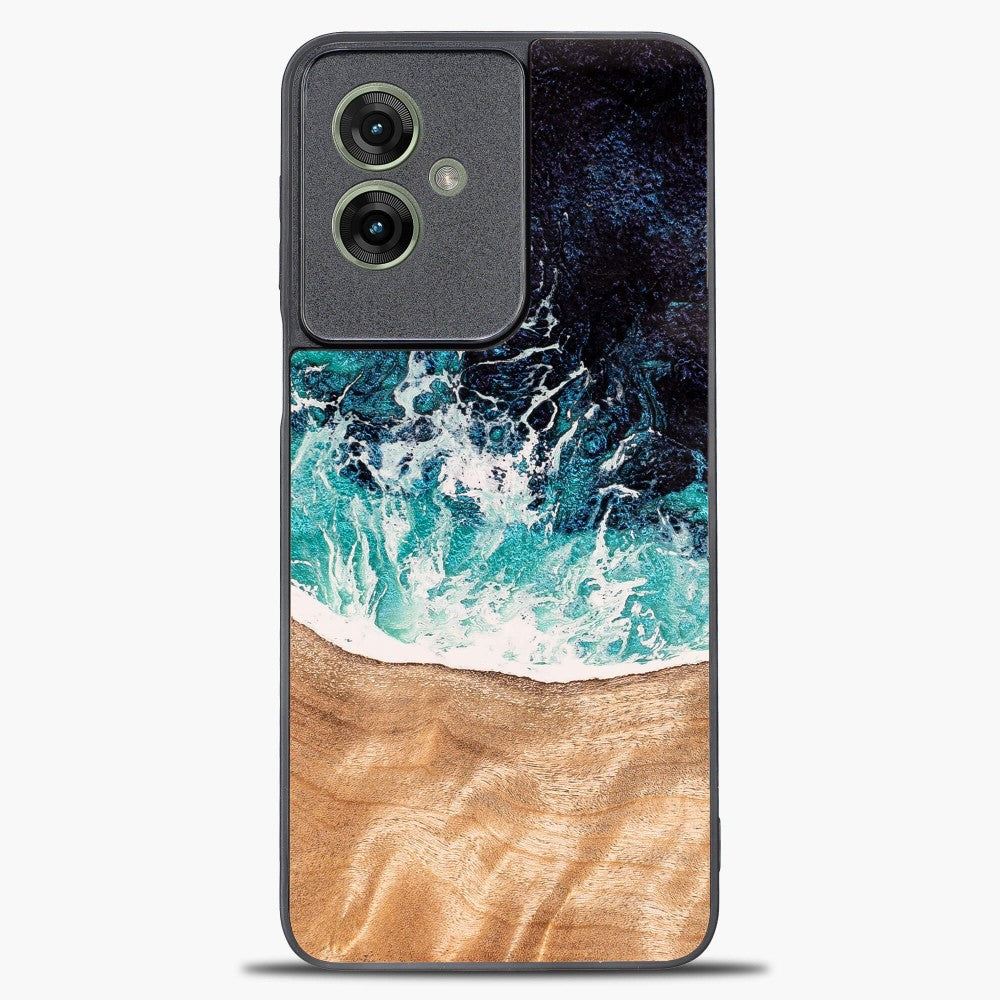 Holzhülle für Motorola Moto G55 5G, Bewood Unique Dream Island, Blau-Braun