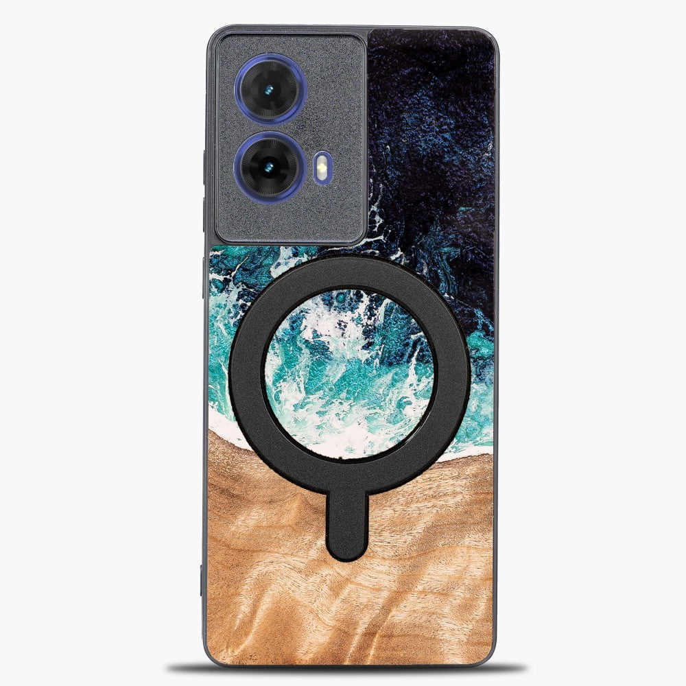 Holzhülle für Motorola Moto G85 5G, Bewood Unique Dream Island für MagSafe, Blau-Braun