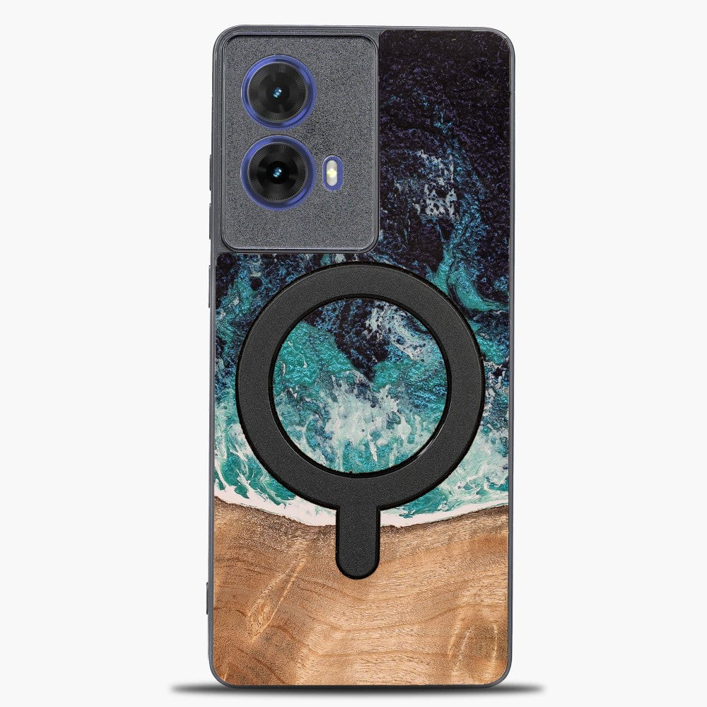 Holzhülle für Motorola Moto G85 5G, Bewood Unique Dream Island für MagSafe, Blau-Braun