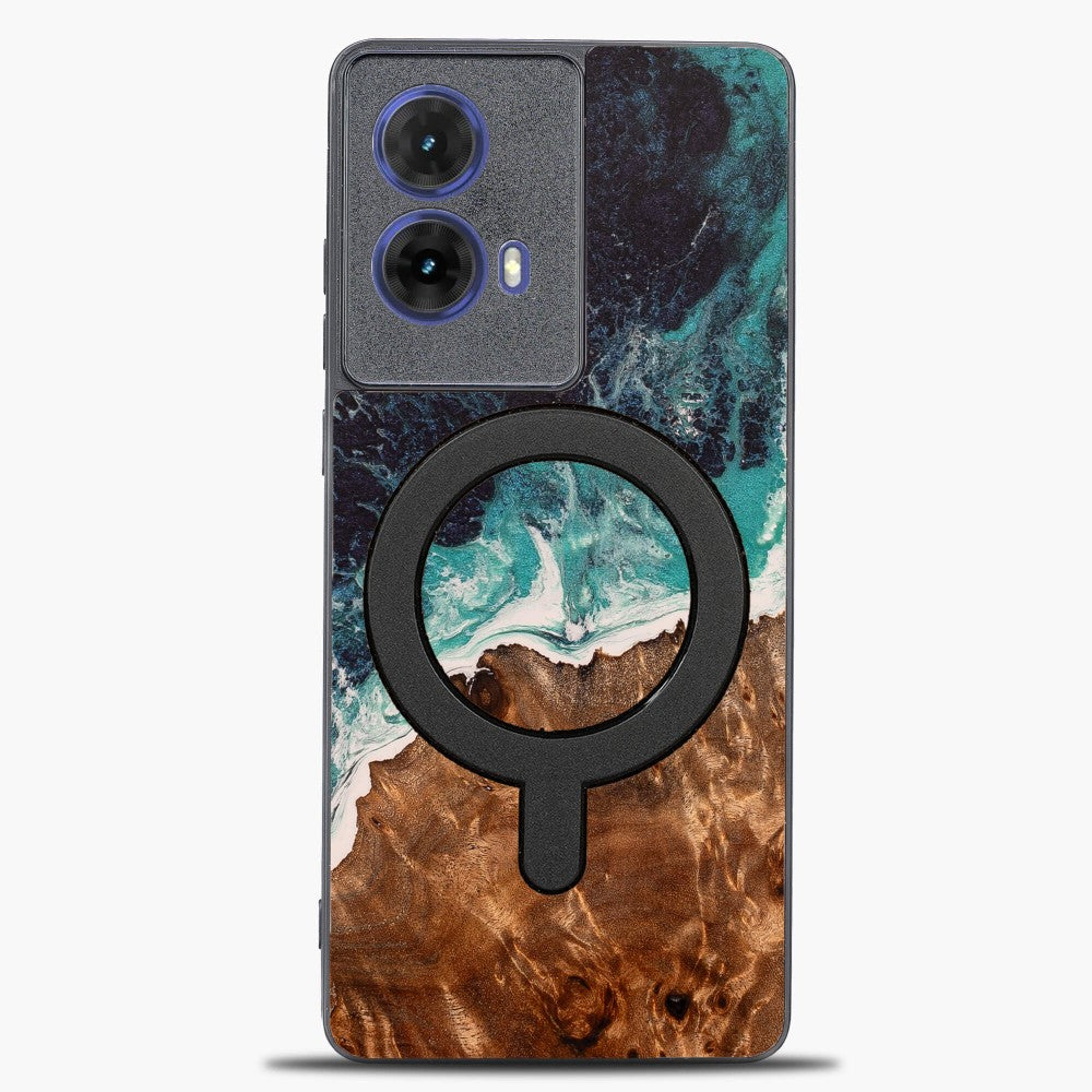 Holzhülle für Motorola Moto G85 5G, Bewood Unique Dream Island für MagSafe, Blau-Braun