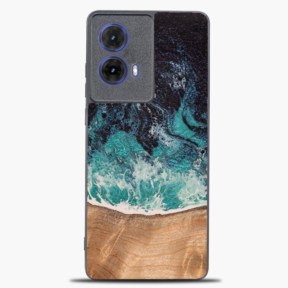 Holzhülle für Motorola Moto G85 5G, Bewood Unique Dream Island, Blau-Braun