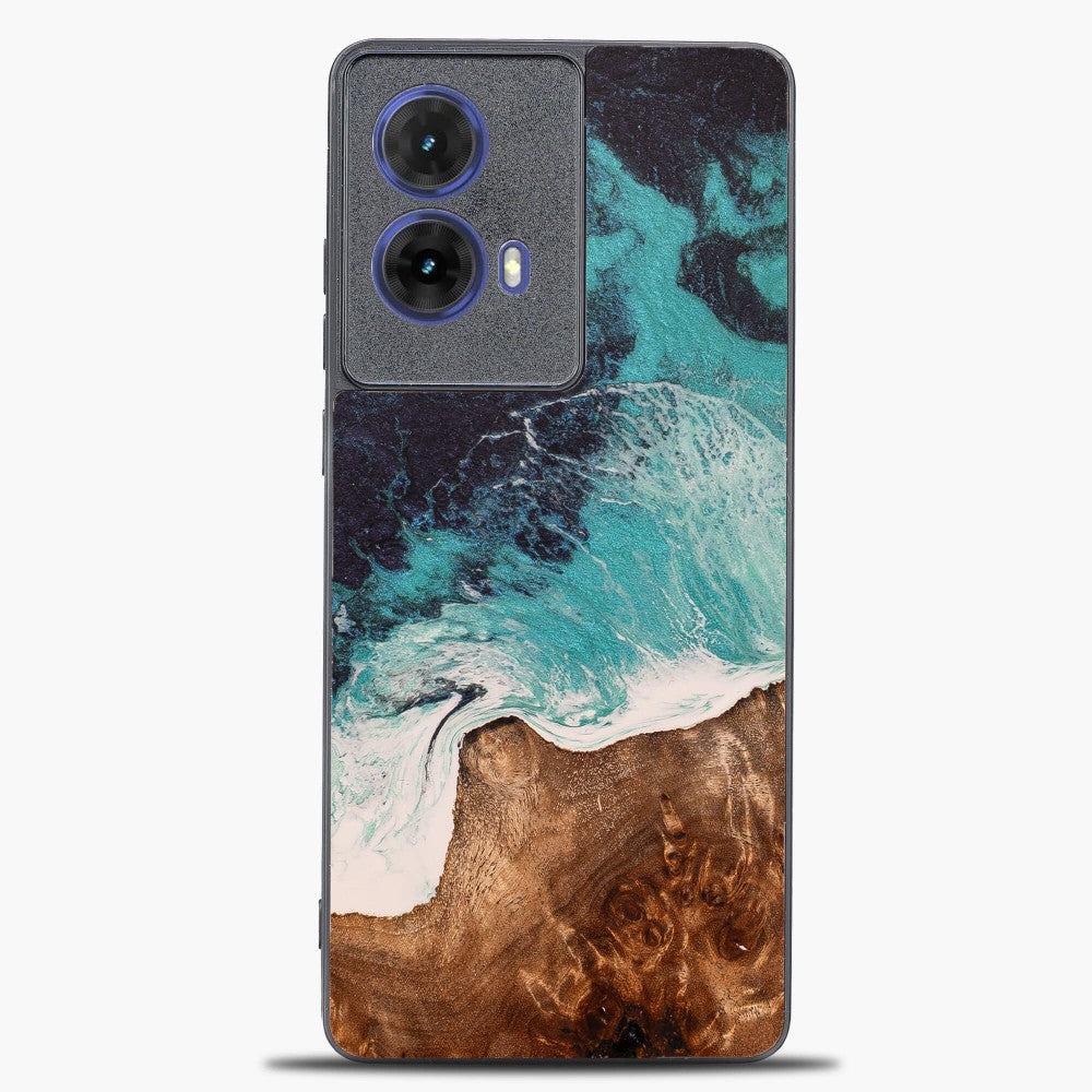 Holzhülle für Motorola Moto G85 5G, Bewood Unique Dream Island, Blau-Braun