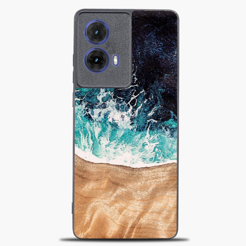 Holzhülle für Motorola Moto G85 5G, Bewood Unique Dream Island, Blau-Braun