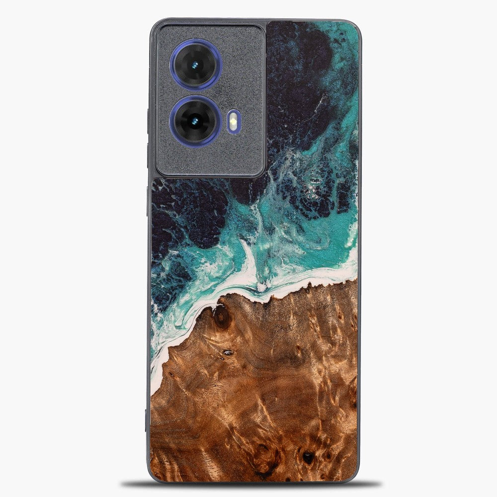 Holzhülle für Motorola Moto G85 5G, Bewood Unique Dream Island, Blau-Braun