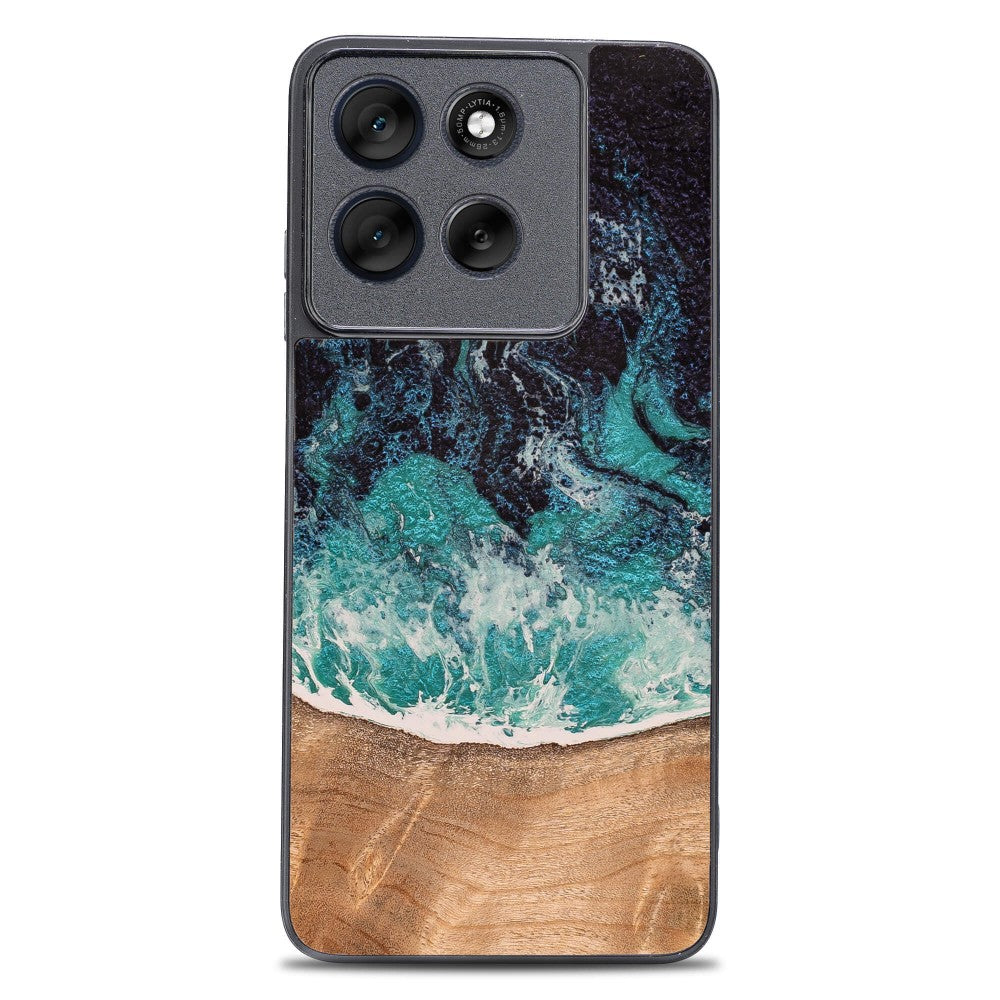 Holzhülle für Motorola Moto G56 5G, Bewood Unique Dream Island, Blau-Braun