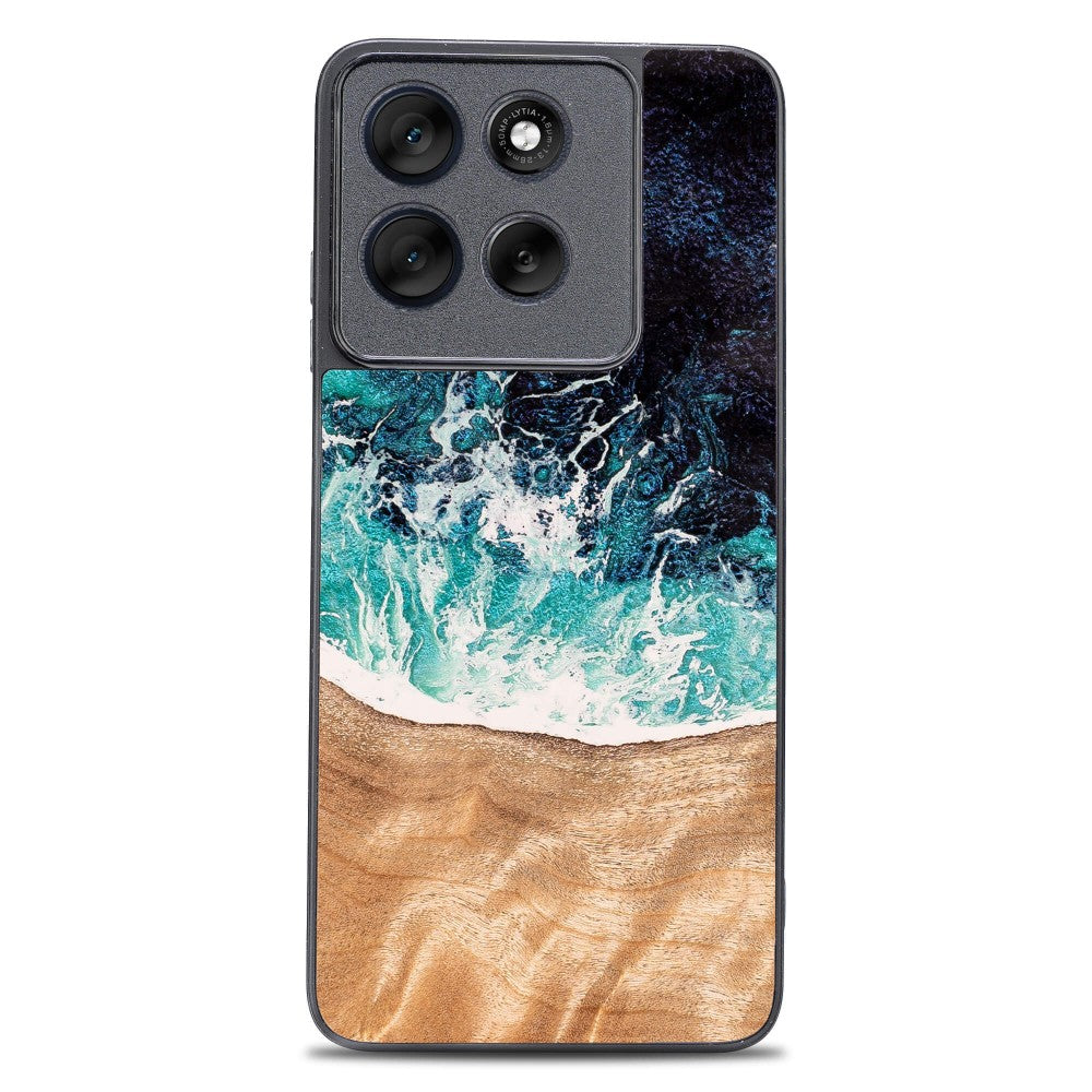 Holzhülle für Motorola Moto G56 5G, Bewood Unique Dream Island, Blau-Braun