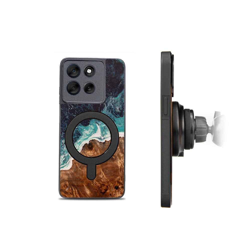 Holzhülle für Motorola Moto G56 5G, Bewood Unique Dream Island für MagSafe, Blau-Braun