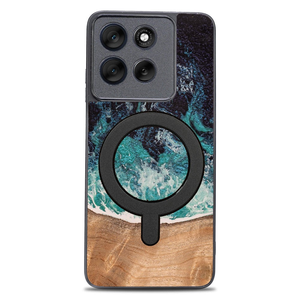 Holzhülle für Motorola Moto G86 5G, Bewood Unique Dream Island für MagSafe, Blau-Braun