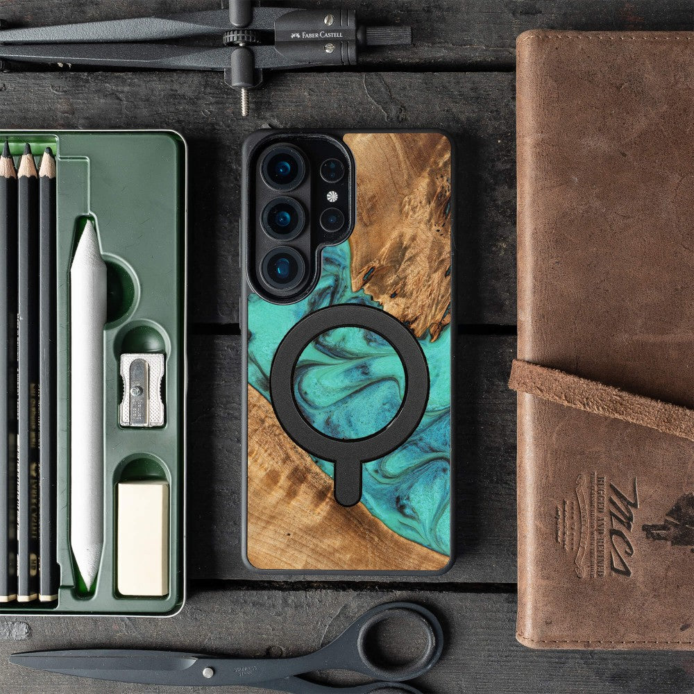 Holzhülle für Galaxy S26 Ultra, Bewood Unique Turquoise für MagSafe