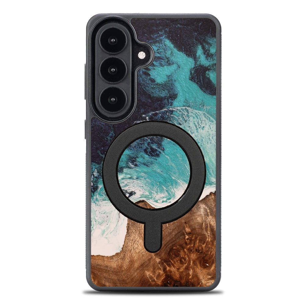 Holzhülle für Galaxy S26, Bewood Unique Dream Island für MagSafe, Blau-Braun