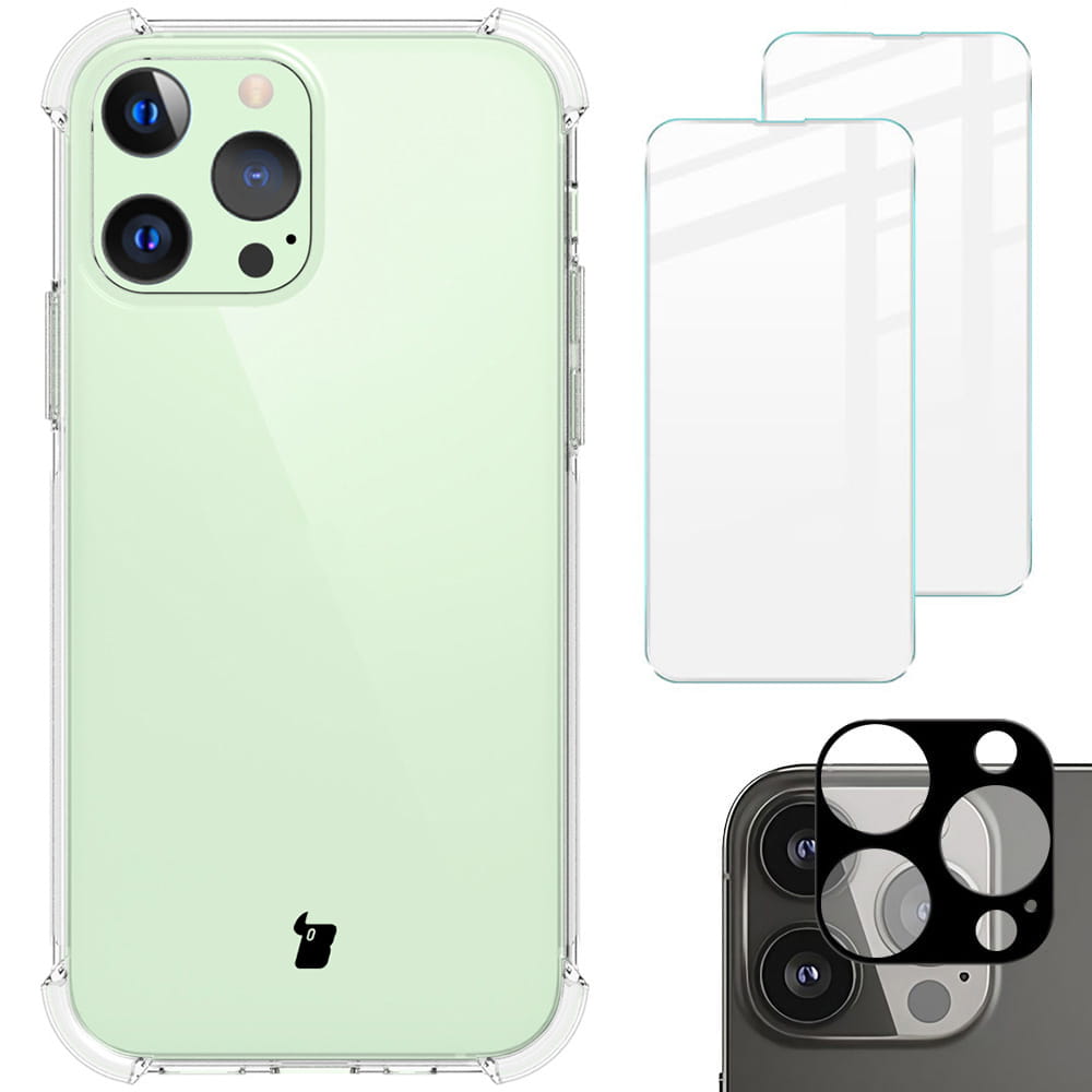 Schutzhülle + 2x Glas + Kameraschutz Bizon Case Clear Pack iPhone 13 Pro, Transparent