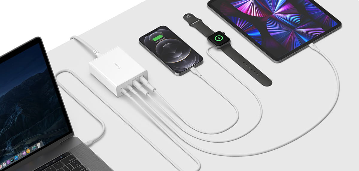 Wandladegerät Belkin Boost Pro 4-Port GaN Charger 108W MFi 2x USB-C, 2x USB-A, Weiß