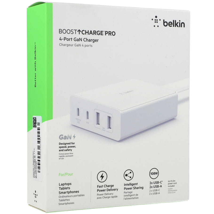 Wandladegerät Belkin Boost Pro 4-Port GaN Charger 108W MFi 2x USB-C, 2x USB-A, Weiß