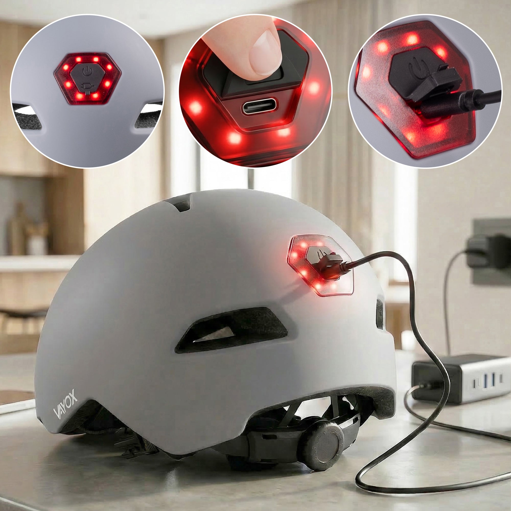 Fahrradhelm mit LED-Licht, Vayox Street VA0423GREM 55-58 cm, Grau
