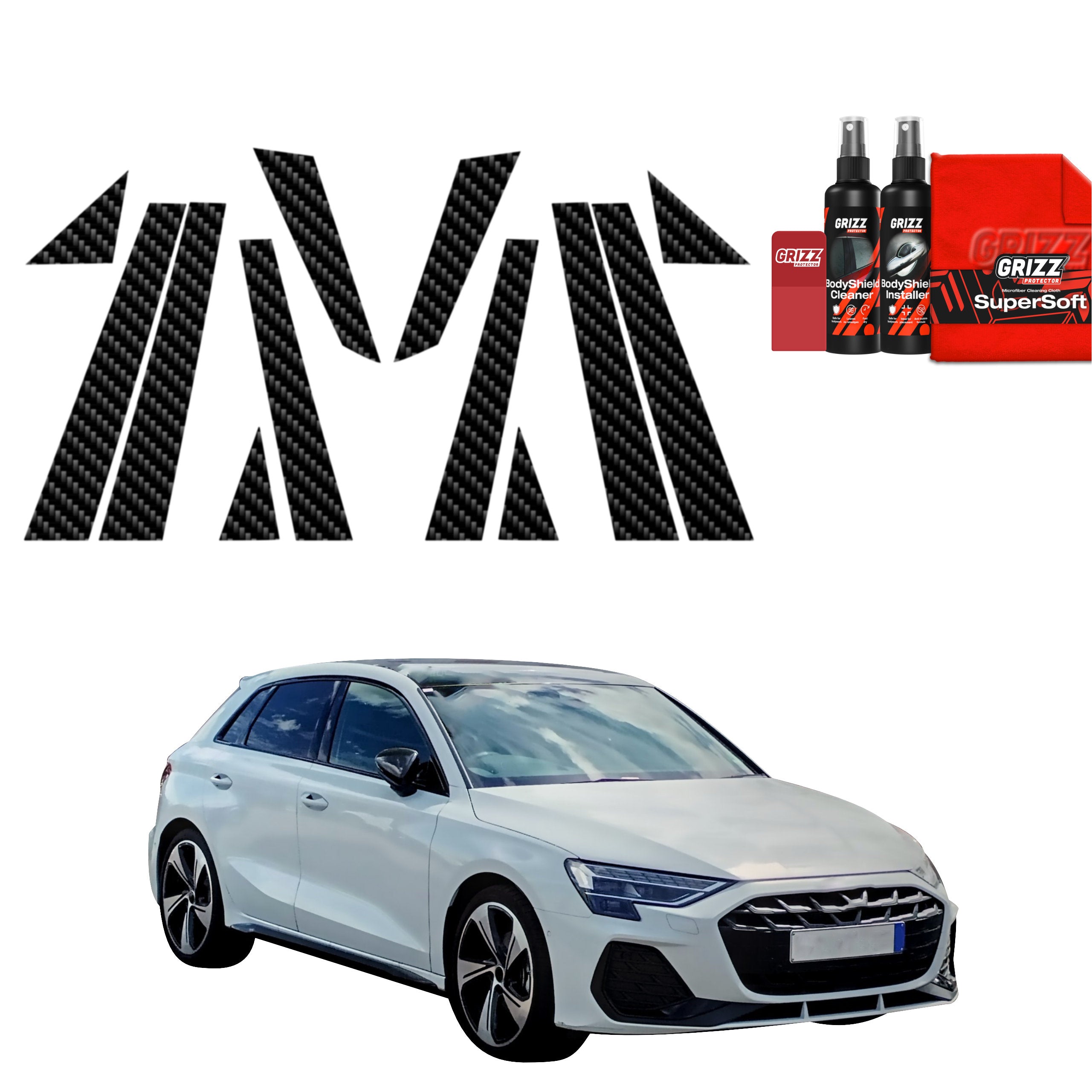 12in1 Kohlenstoff Schutzfolie Grizz Protector für B-C-Säule - Audi A3 8Y Hatchback 5D (2024-2026)
