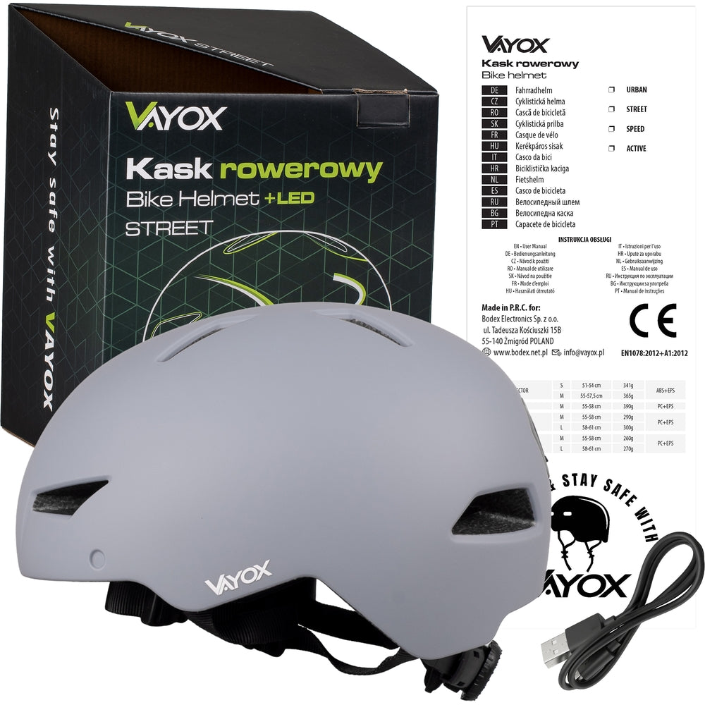 Fahrradhelm mit LED-Licht, Vayox Street VA0423GREM 55-58 cm, Grau