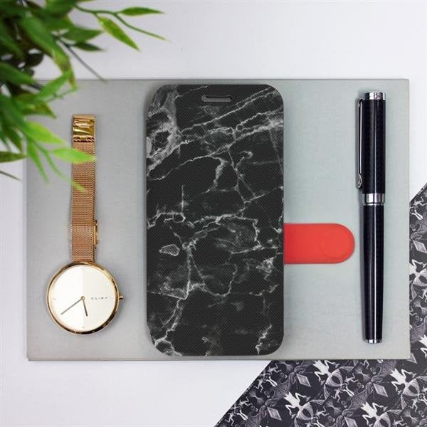 Handyhülle mit klappe für iPhone X, Mobiwear Book, Schwarzer Marmor